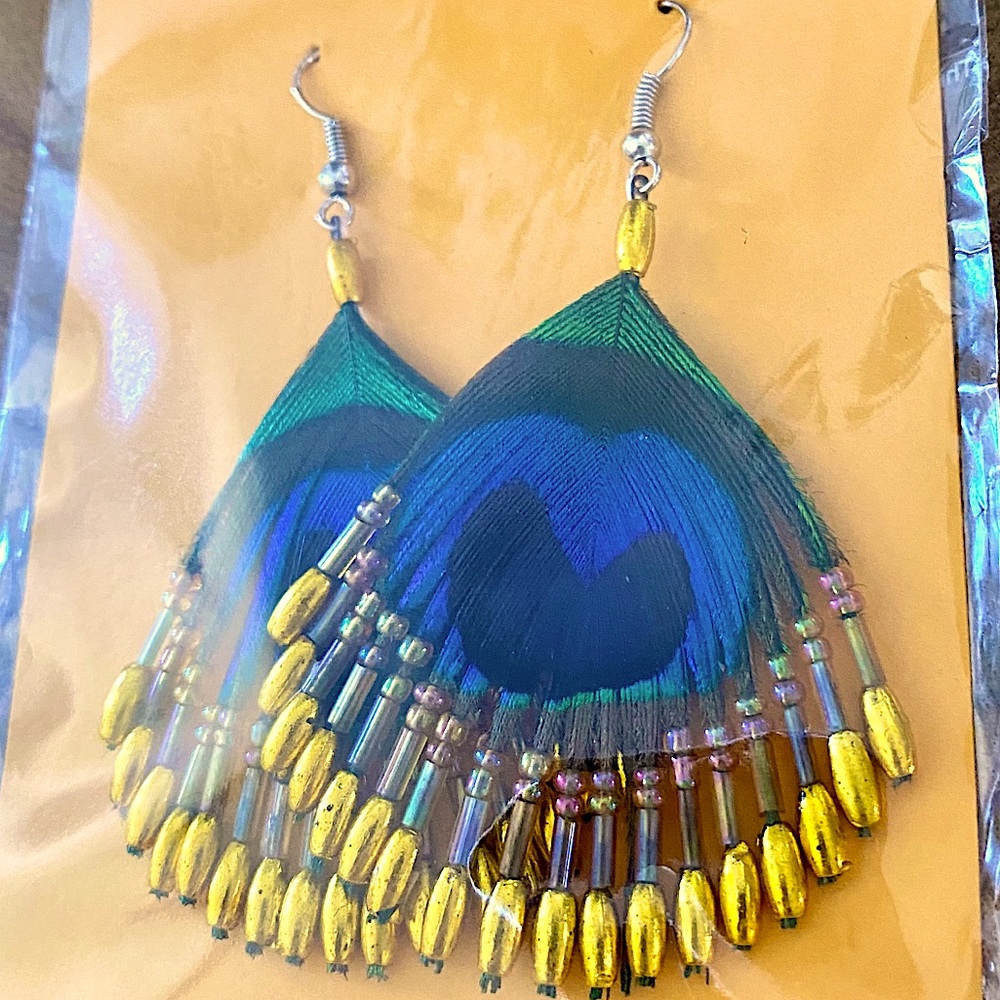 Peacock Feather Gold Bead Boho Balinese Earrings